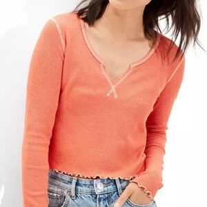 American Eagle Henley Waffle Crop Top Tangerine Women's M